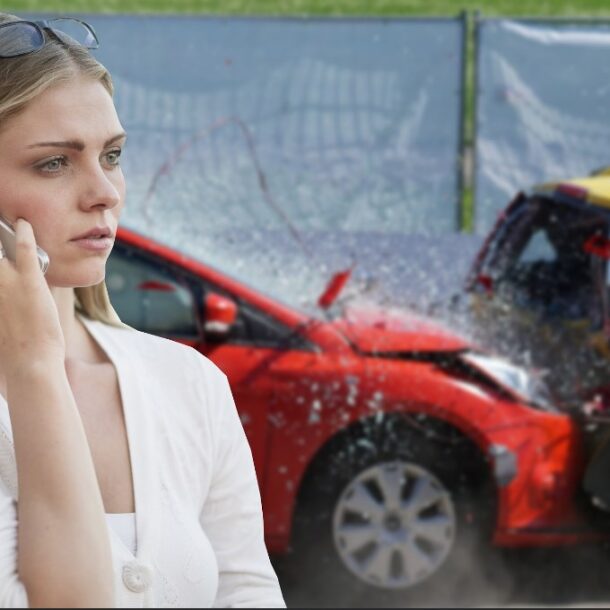 Kobieta po wypadku samochodowym dzwoni do ubezpiczyciela